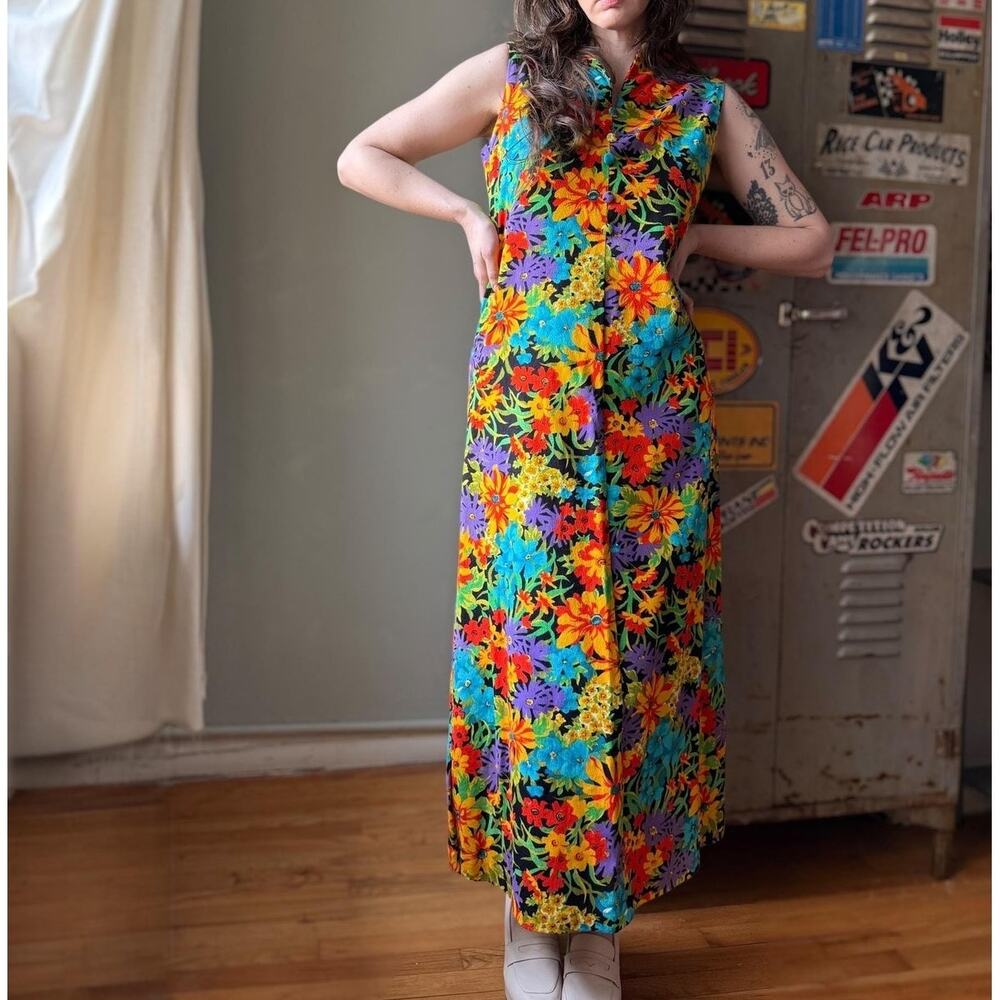 Vintage 60s Floral Maxi Dress | Psychedelic Floral Print Sleeveless | Size S/M